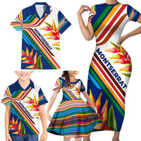 Montserrat Family Matching Short Sleeve Bodycon Dress and Hawaiian Shirt with Heliconia Flower Illustration Colorful Retro Stripe Design - Wonder Print Shop