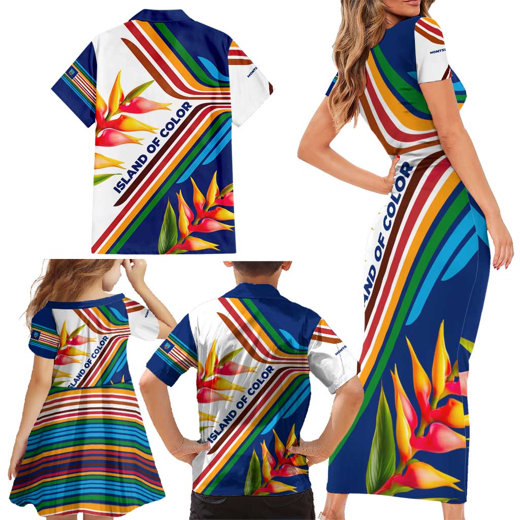 Montserrat Family Matching Short Sleeve Bodycon Dress and Hawaiian Shirt with Heliconia Flower Illustration Colorful Retro Stripe Design - Wonder Print Shop