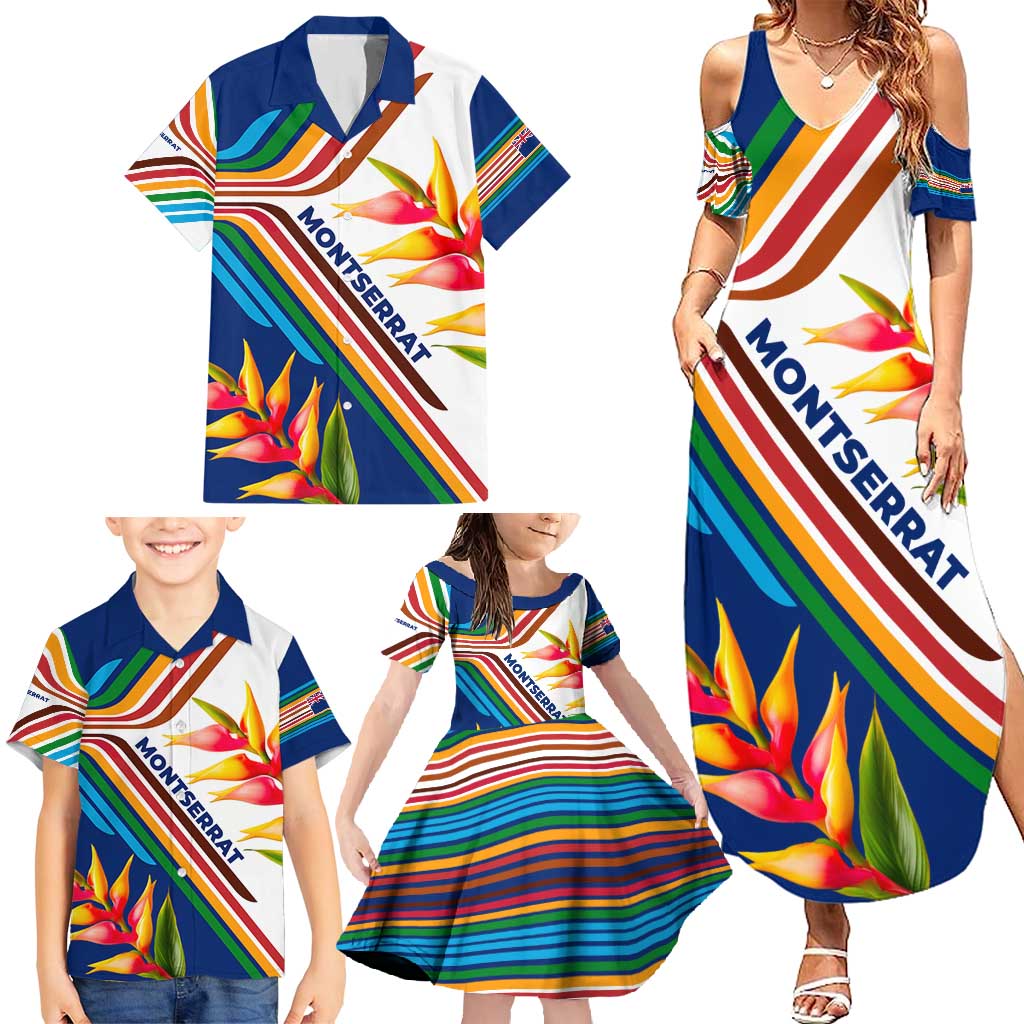 Montserrat Family Matching Summer Maxi Dress and Hawaiian Shirt with Heliconia Flower Illustration Colorful Retro Stripe Design - Wonder Print Shop