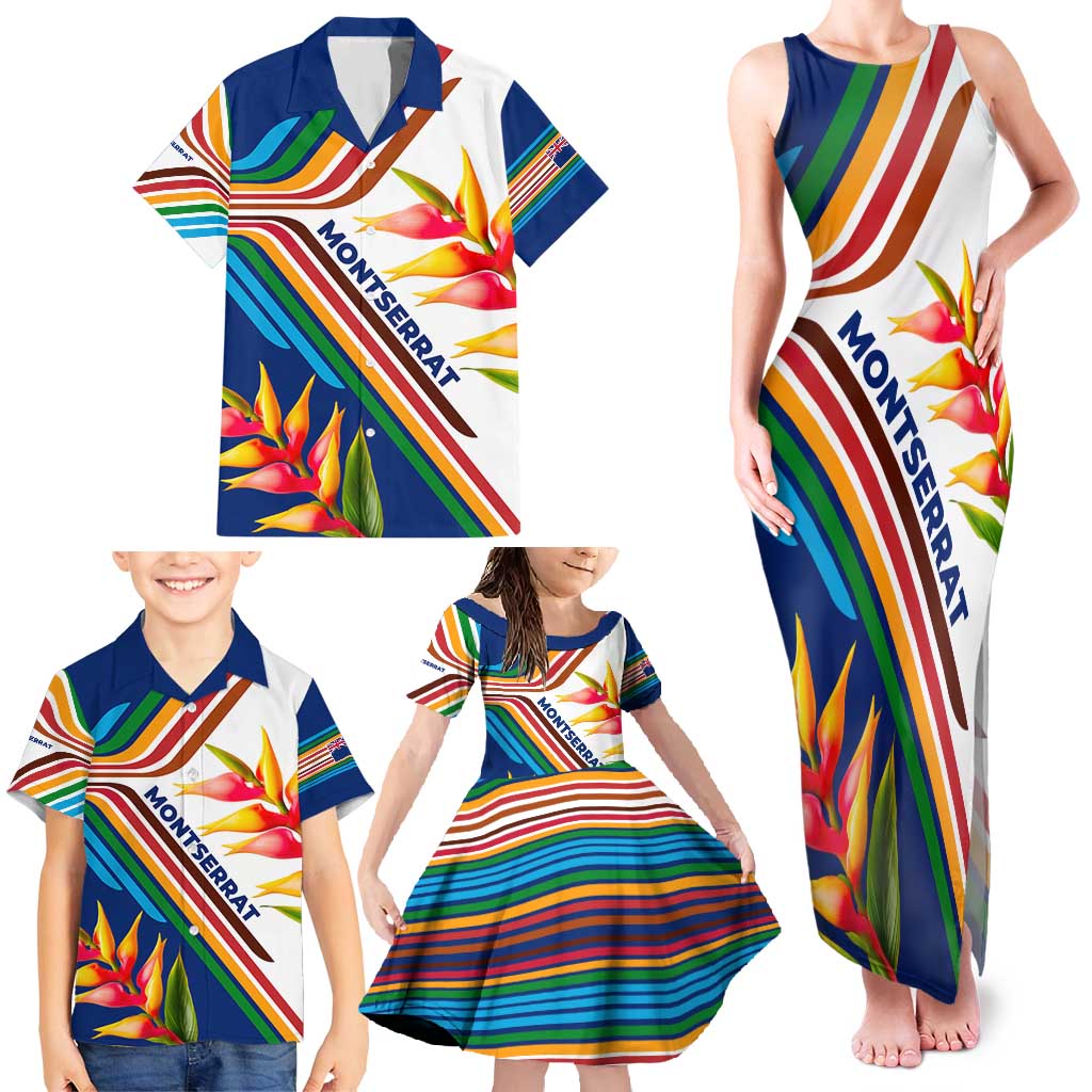 Montserrat Family Matching Tank Maxi Dress and Hawaiian Shirt with Heliconia Flower Illustration Colorful Retro Stripe Design - Wonder Print Shop