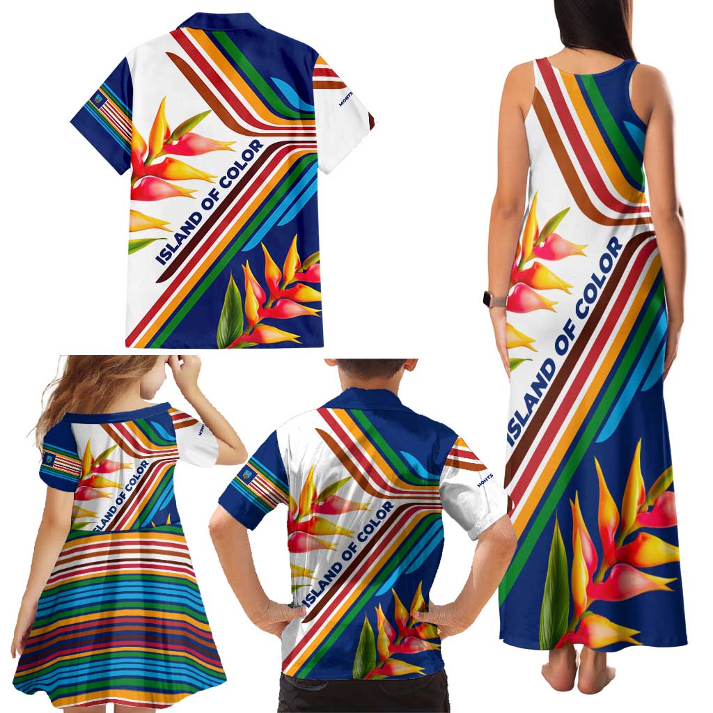 Montserrat Family Matching Tank Maxi Dress and Hawaiian Shirt with Heliconia Flower Illustration Colorful Retro Stripe Design - Wonder Print Shop