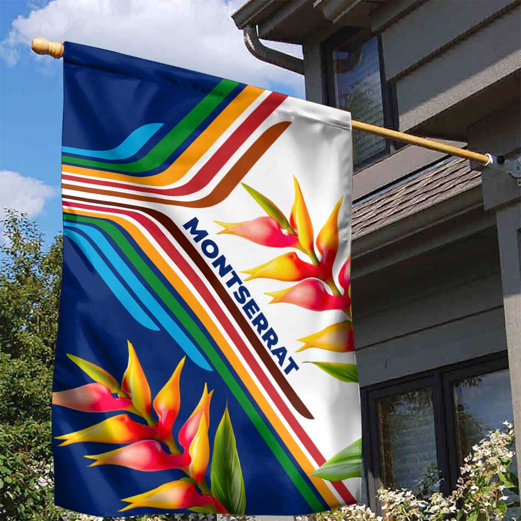Montserrat Garden Flag with Heliconia Flower Illustration Colorful Retro Stripe Design - Wonder Print Shop