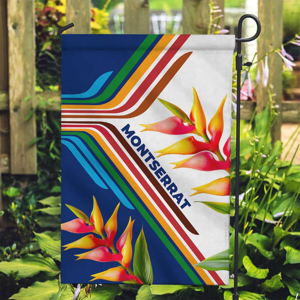 Montserrat Garden Flag with Heliconia Flower Illustration Colorful Retro Stripe Design - Wonder Print Shop