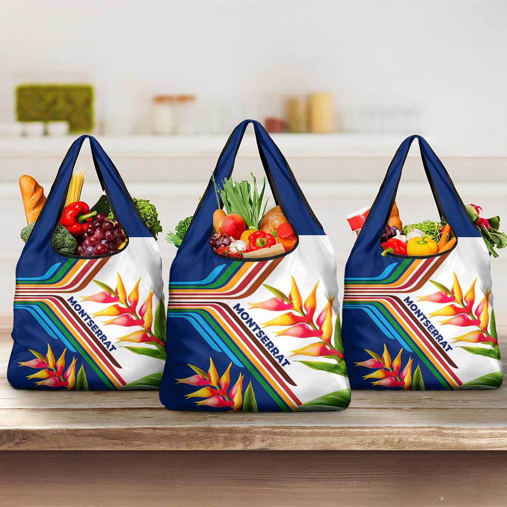 Montserrat Grocery Bag with Heliconia Flower Illustration Colorful Retro Stripe Design - Wonder Print Shop