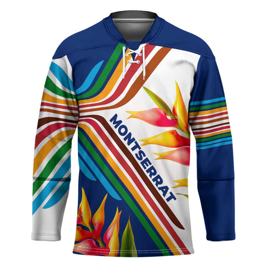 Montserrat Hockey Jersey with Heliconia Flower Illustration Colorful Retro Stripe Design - Wonder Print Shop