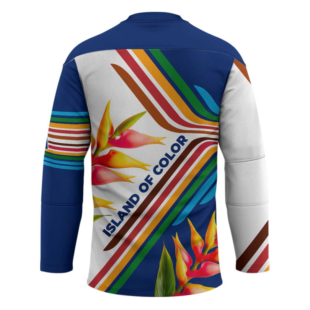 Montserrat Hockey Jersey with Heliconia Flower Illustration Colorful Retro Stripe Design - Wonder Print Shop