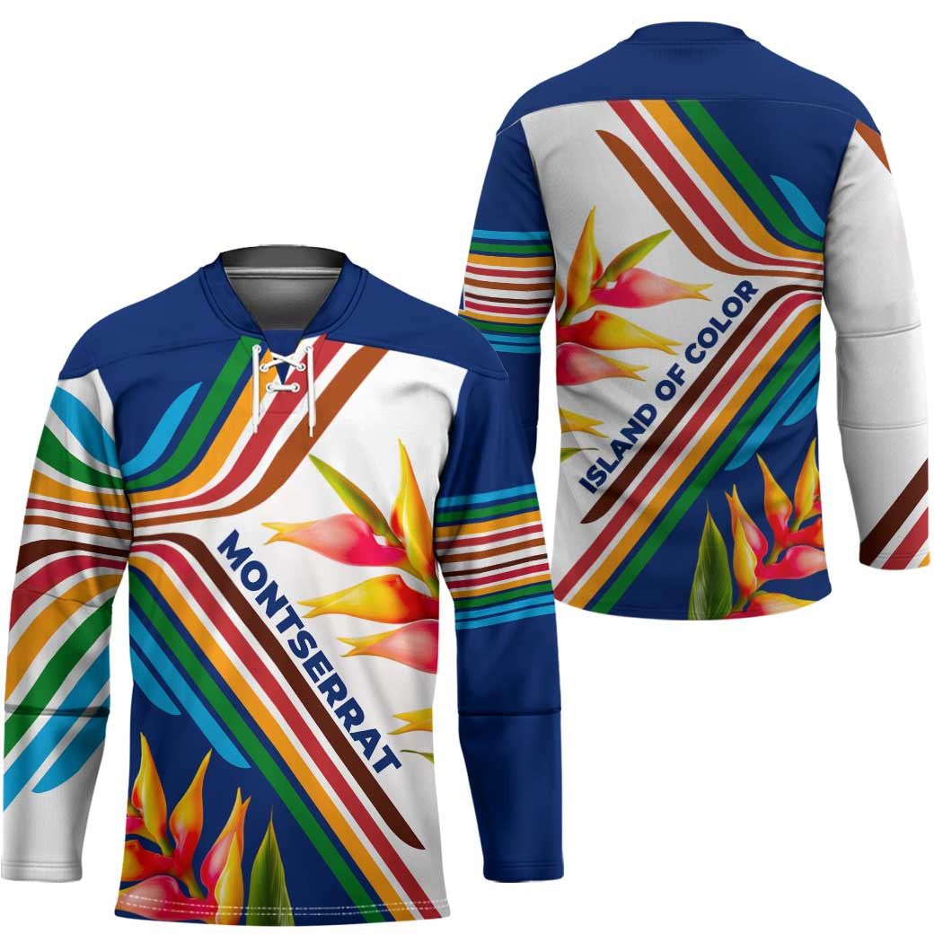 Montserrat Hockey Jersey with Heliconia Flower Illustration Colorful Retro Stripe Design - Wonder Print Shop