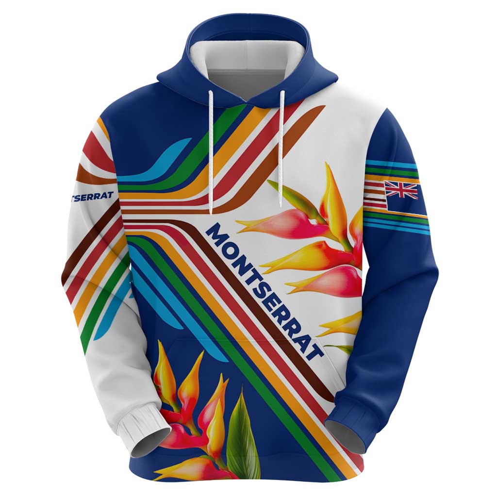 Montserrat Hoodie with Heliconia Flower Illustration Colorful Retro Stripe Design - Wonder Print Shop