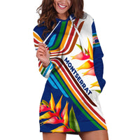 Montserrat Hoodie Dress with Heliconia Flower Illustration Colorful Retro Stripe Design - Wonder Print Shop