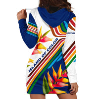 Montserrat Hoodie Dress with Heliconia Flower Illustration Colorful Retro Stripe Design - Wonder Print Shop