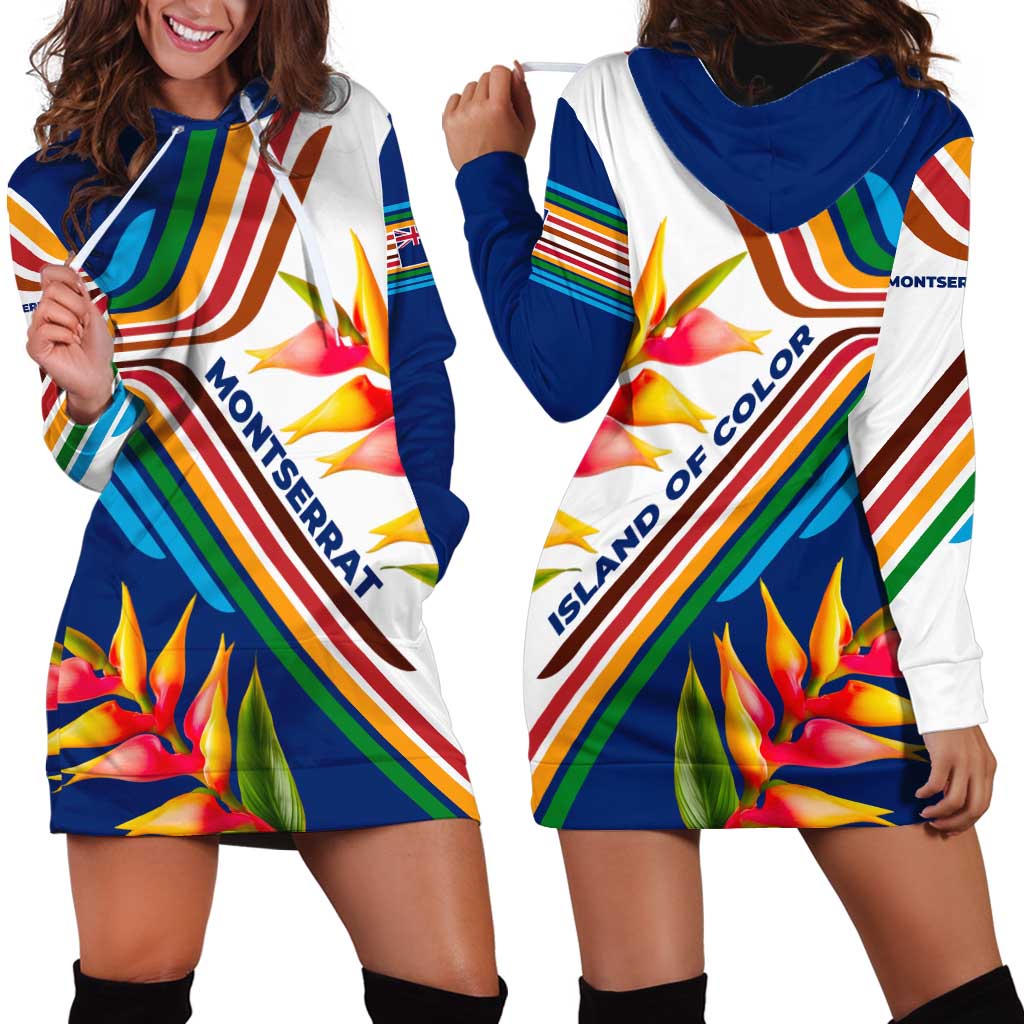 Montserrat Hoodie Dress with Heliconia Flower Illustration Colorful Retro Stripe Design - Wonder Print Shop