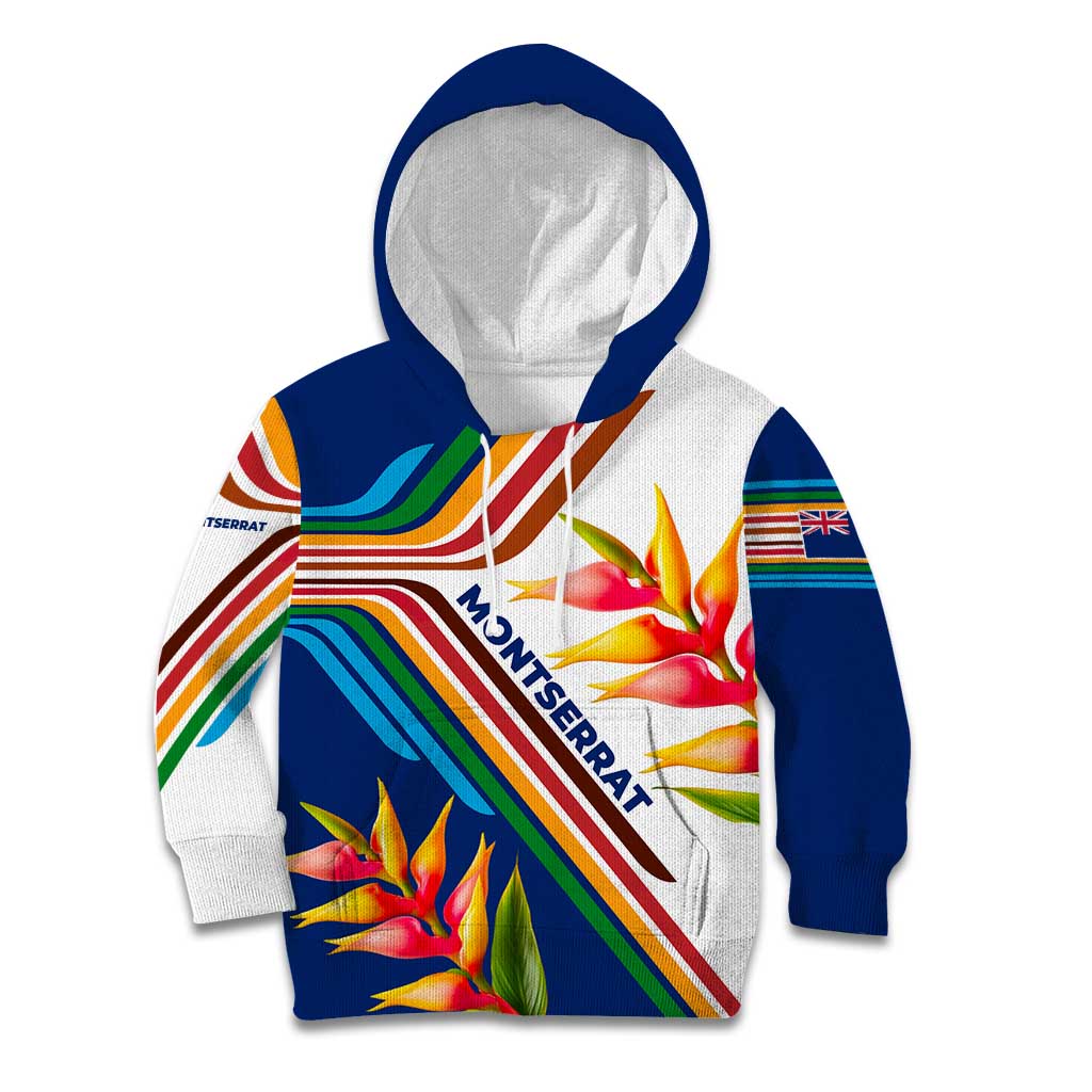 Montserrat Kid Hoodie with Heliconia Flower Illustration Colorful Retro Stripe Design - Wonder Print Shop
