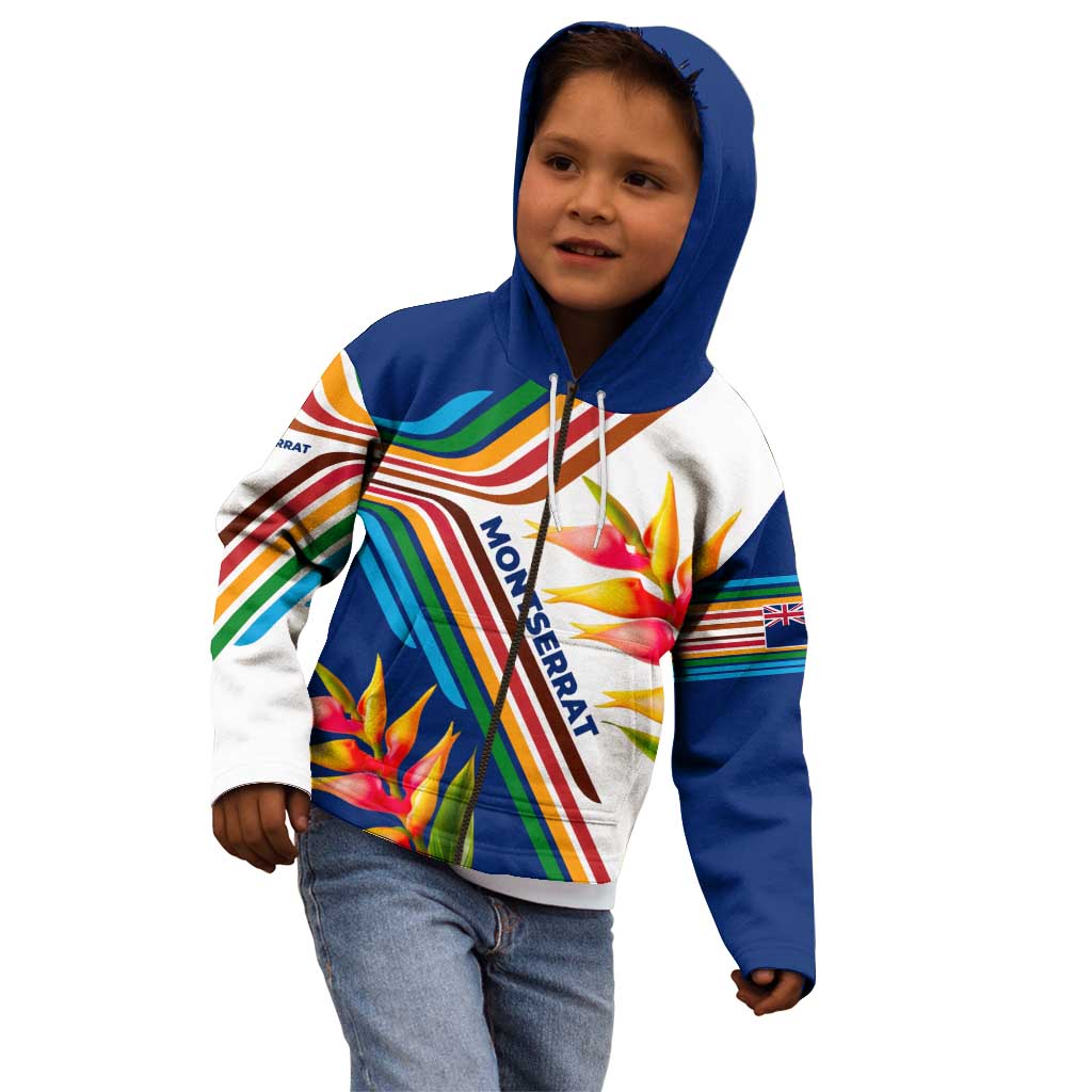Montserrat Kid Hoodie with Heliconia Flower Illustration Colorful Retro Stripe Design - Wonder Print Shop