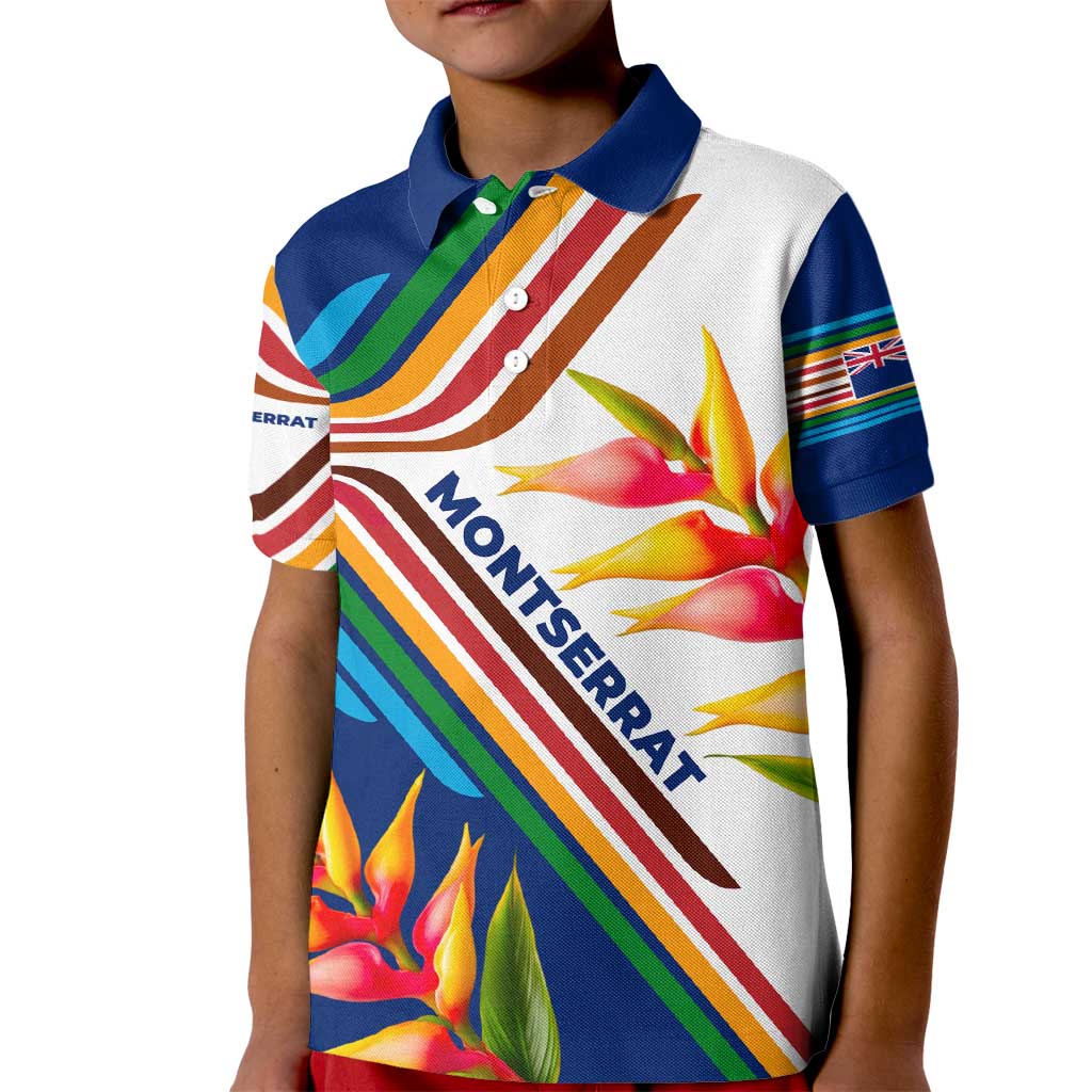Montserrat Kid Polo Shirt with Heliconia Flower Illustration Colorful Retro Stripe Design - Wonder Print Shop
