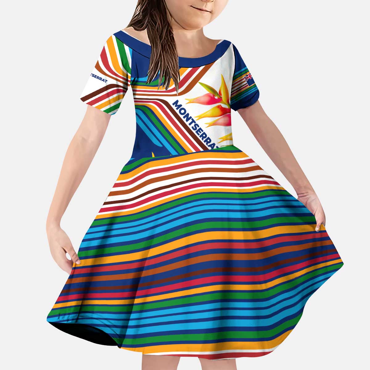 Montserrat Kid Short Sleeve Dress with Heliconia Flower Illustration Colorful Retro Stripe Design - Wonder Print Shop
