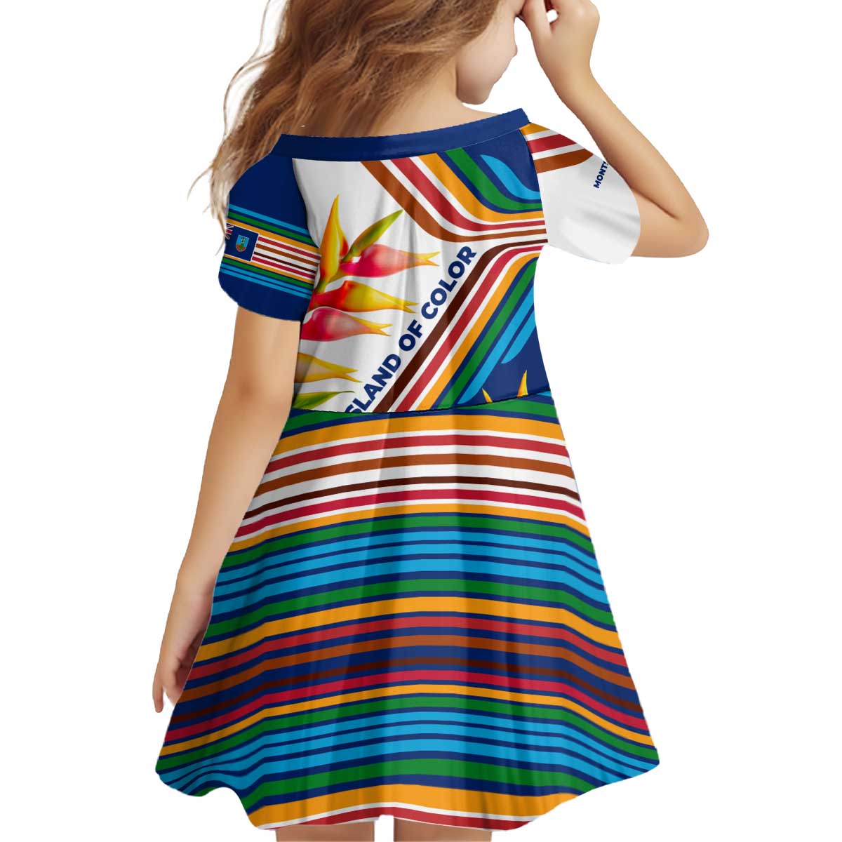 Montserrat Kid Short Sleeve Dress with Heliconia Flower Illustration Colorful Retro Stripe Design - Wonder Print Shop