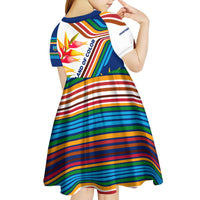 Montserrat Kid Short Sleeve Dress with Heliconia Flower Illustration Colorful Retro Stripe Design - Wonder Print Shop
