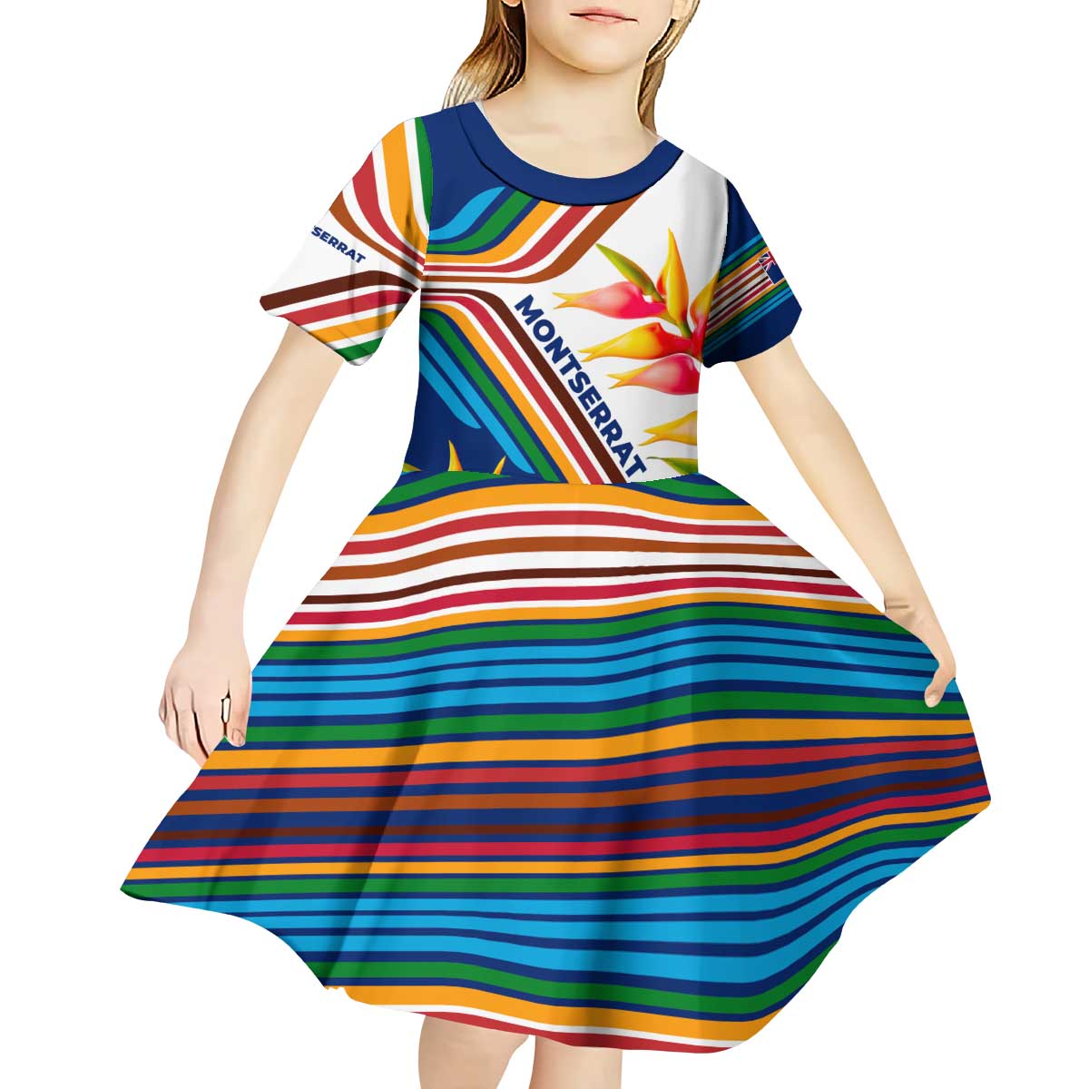 Montserrat Kid Short Sleeve Dress with Heliconia Flower Illustration Colorful Retro Stripe Design - Wonder Print Shop