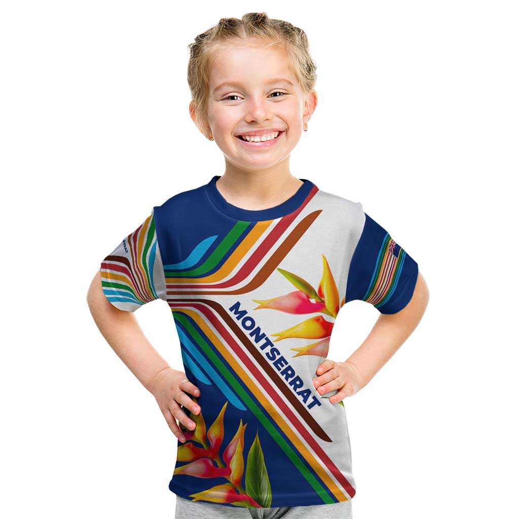 Montserrat Kid T Shirt with Heliconia Flower Illustration Colorful Retro Stripe Design - Wonder Print Shop