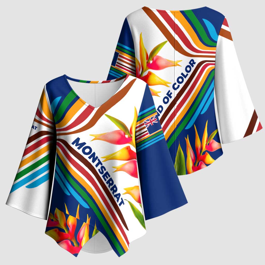 Montserrat Kimono Sleeve Blouse with Heliconia Flower Illustration Colorful Retro Stripe Design - Wonder Print Shop