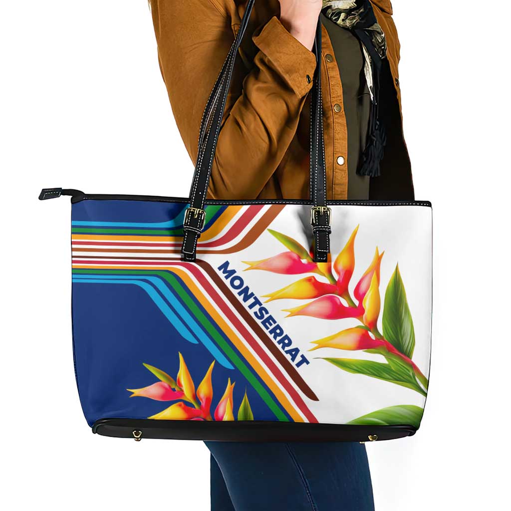 Montserrat Leather Tote Bag with Heliconia Flower Illustration Colorful Retro Stripe Design - Wonder Print Shop
