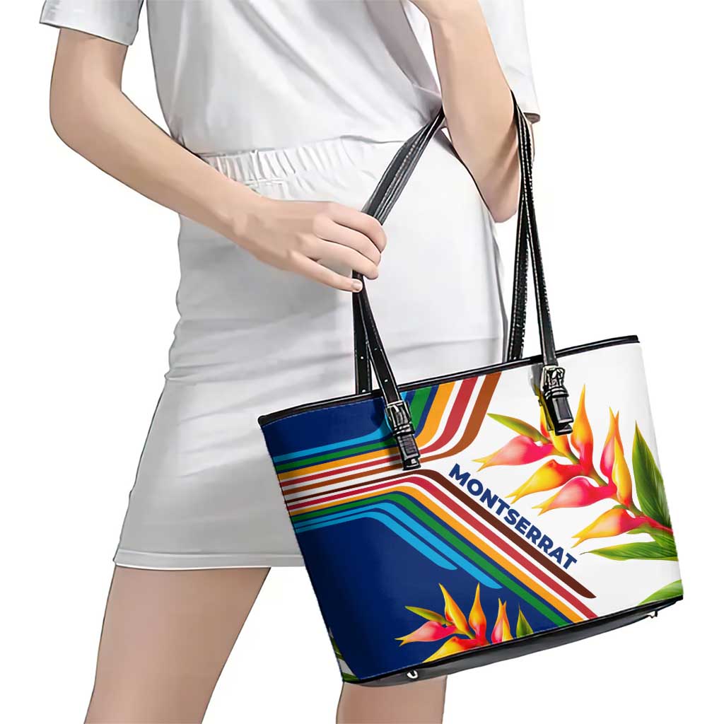 Montserrat Leather Tote Bag with Heliconia Flower Illustration Colorful Retro Stripe Design - Wonder Print Shop