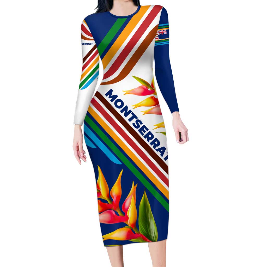Montserrat Long Sleeve Bodycon Dress with Heliconia Flower Illustration Colorful Retro Stripe Design - Wonder Print Shop