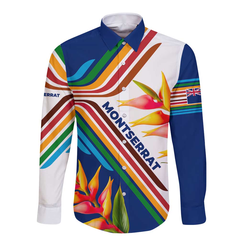 Montserrat Long Sleeve Button Shirt with Heliconia Flower Illustration Colorful Retro Stripe Design - Wonder Print Shop