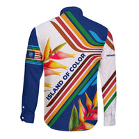 Montserrat Long Sleeve Button Shirt with Heliconia Flower Illustration Colorful Retro Stripe Design - Wonder Print Shop
