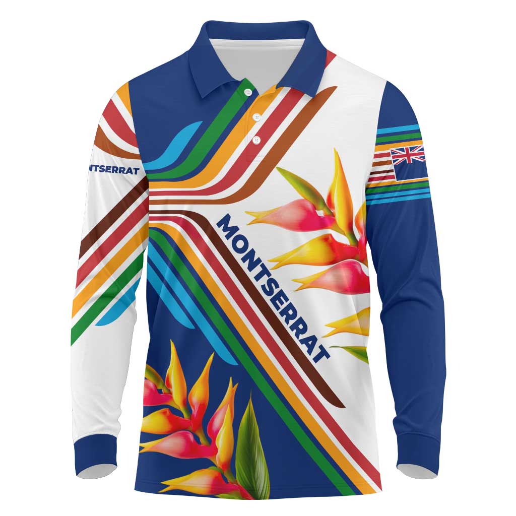 Montserrat Long Sleeve Polo Shirt with Heliconia Flower Illustration Colorful Retro Stripe Design - Wonder Print Shop