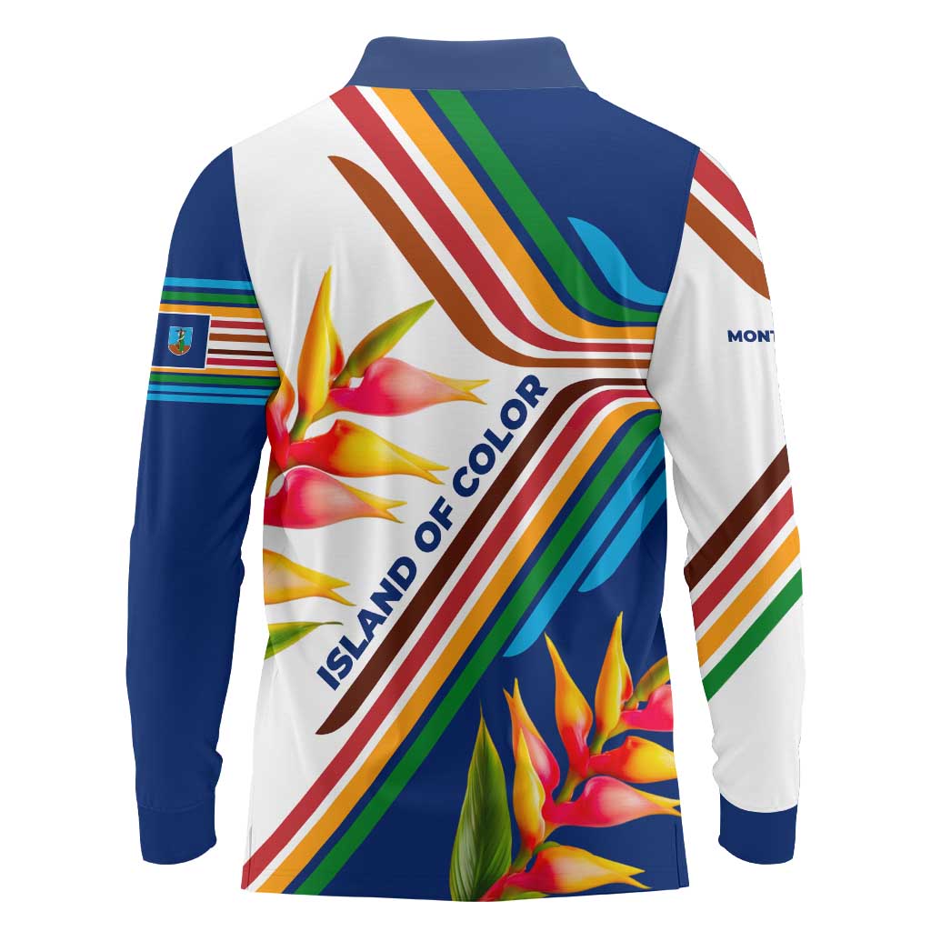 Montserrat Long Sleeve Polo Shirt with Heliconia Flower Illustration Colorful Retro Stripe Design - Wonder Print Shop