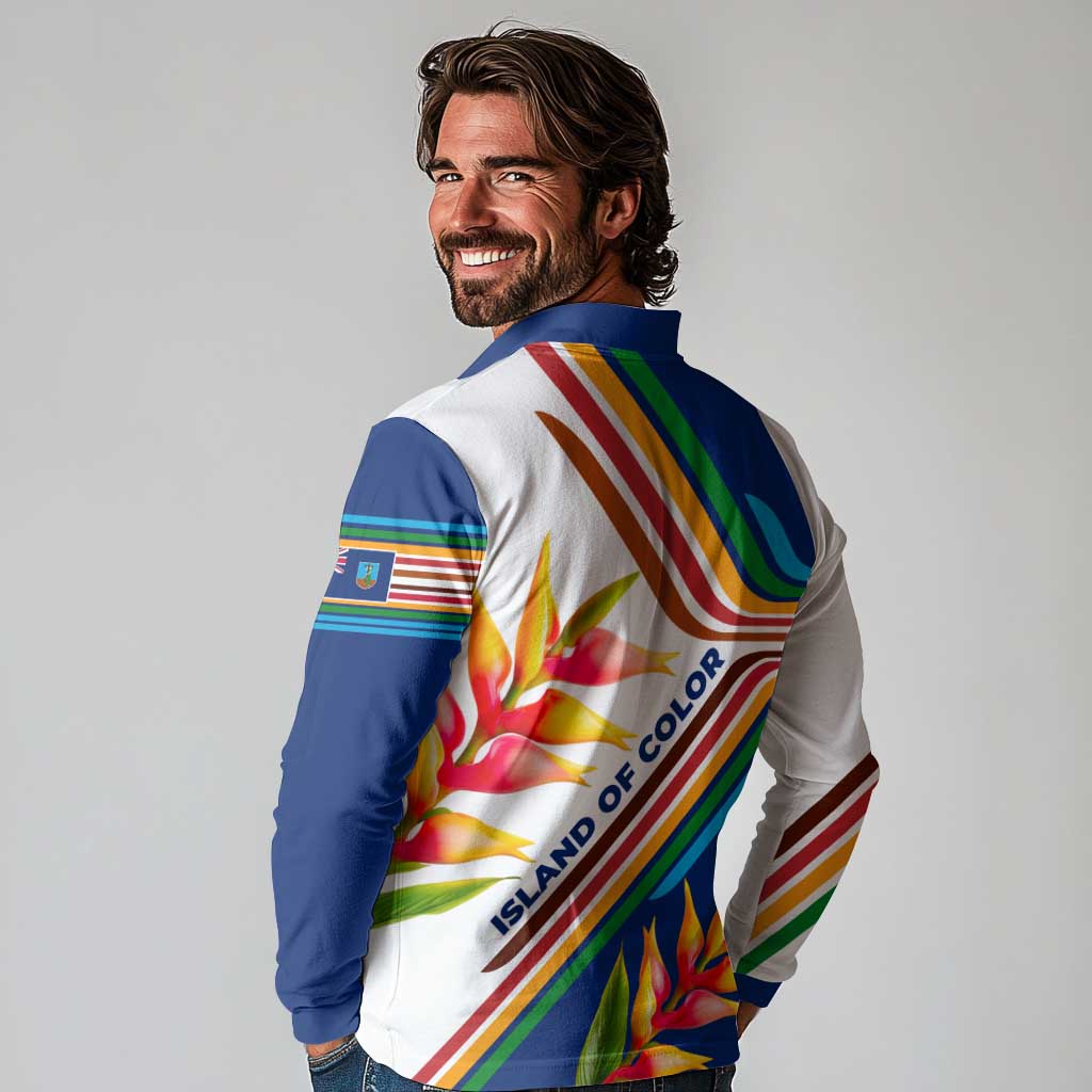 Montserrat Long Sleeve Polo Shirt with Heliconia Flower Illustration Colorful Retro Stripe Design - Wonder Print Shop