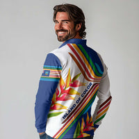 Montserrat Long Sleeve Polo Shirt with Heliconia Flower Illustration Colorful Retro Stripe Design - Wonder Print Shop