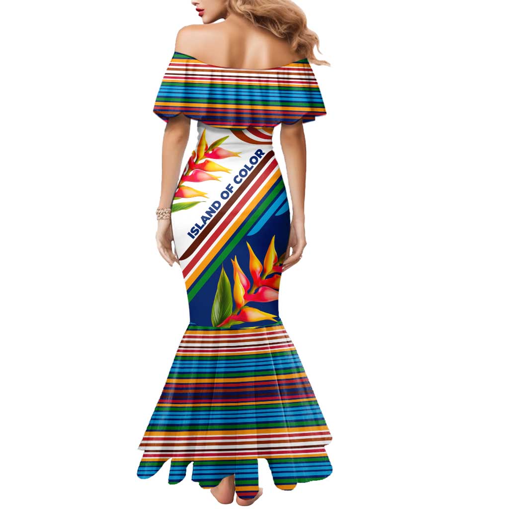 Montserrat Mermaid Dress with Heliconia Flower Illustration Colorful Retro Stripe Design - Wonder Print Shop