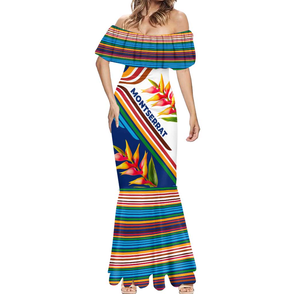 Montserrat Mermaid Dress with Heliconia Flower Illustration Colorful Retro Stripe Design - Wonder Print Shop