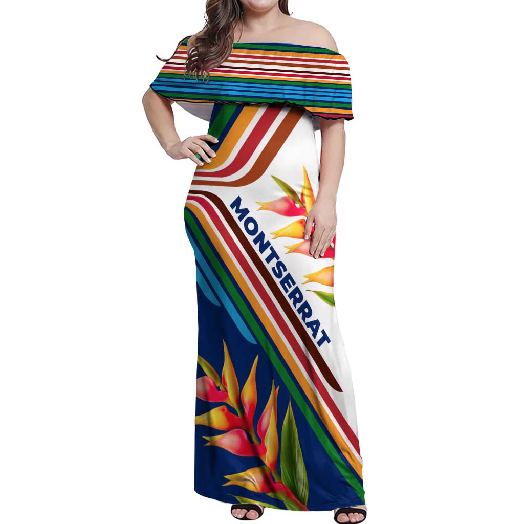 Montserrat Off Shoulder Maxi Dress with Heliconia Flower Illustration Colorful Retro Stripe Design - Wonder Print Shop