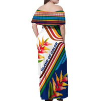 Montserrat Off Shoulder Maxi Dress with Heliconia Flower Illustration Colorful Retro Stripe Design - Wonder Print Shop