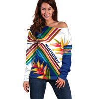 Montserrat Off Shoulder Sweater with Heliconia Flower Illustration Colorful Retro Stripe Design - Wonder Print Shop