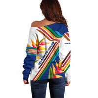 Montserrat Off Shoulder Sweater with Heliconia Flower Illustration Colorful Retro Stripe Design - Wonder Print Shop