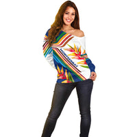 Montserrat Off Shoulder Sweater with Heliconia Flower Illustration Colorful Retro Stripe Design - Wonder Print Shop