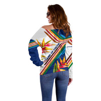 Montserrat Off Shoulder Sweater with Heliconia Flower Illustration Colorful Retro Stripe Design - Wonder Print Shop