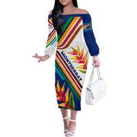 Montserrat Off The Shoulder Long Sleeve Dress with Heliconia Flower Illustration Colorful Retro Stripe Design - Wonder Print Shop