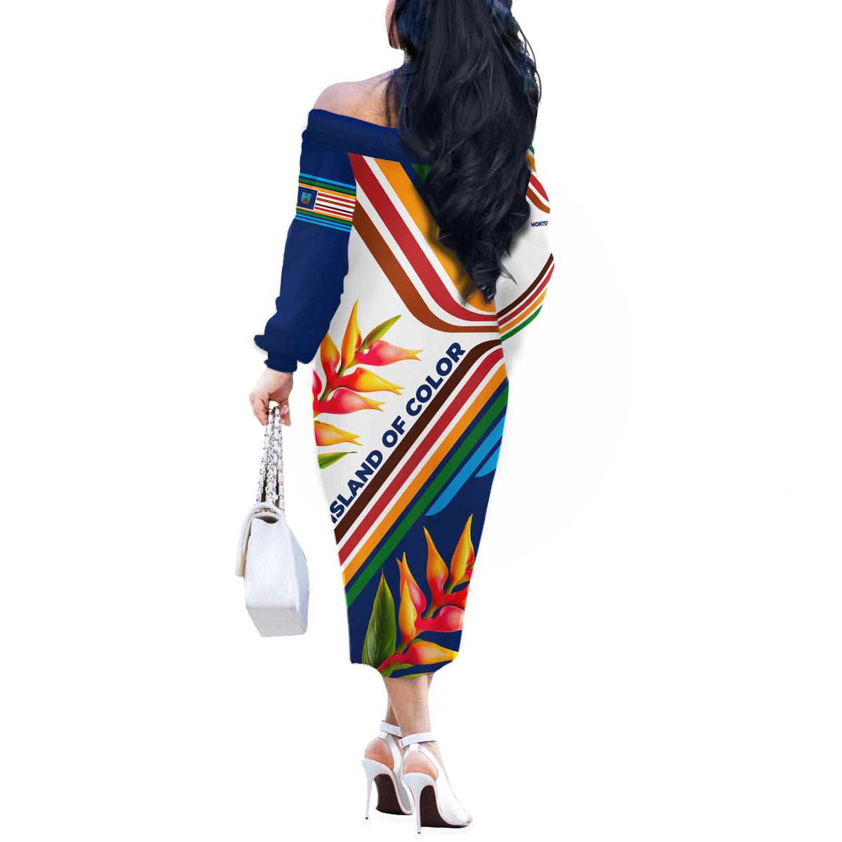 Montserrat Off The Shoulder Long Sleeve Dress with Heliconia Flower Illustration Colorful Retro Stripe Design - Wonder Print Shop