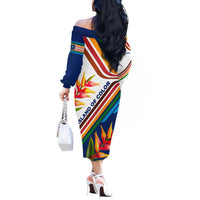 Montserrat Off The Shoulder Long Sleeve Dress with Heliconia Flower Illustration Colorful Retro Stripe Design - Wonder Print Shop