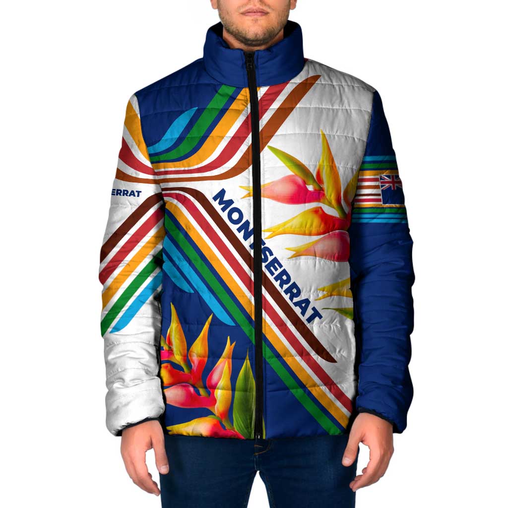 Montserrat Padded Jacket with Heliconia Flower Illustration Colorful Retro Stripe Design - Wonder Print Shop