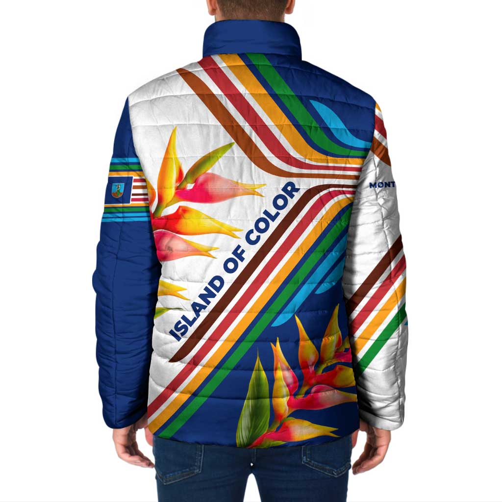 Montserrat Padded Jacket with Heliconia Flower Illustration Colorful Retro Stripe Design - Wonder Print Shop