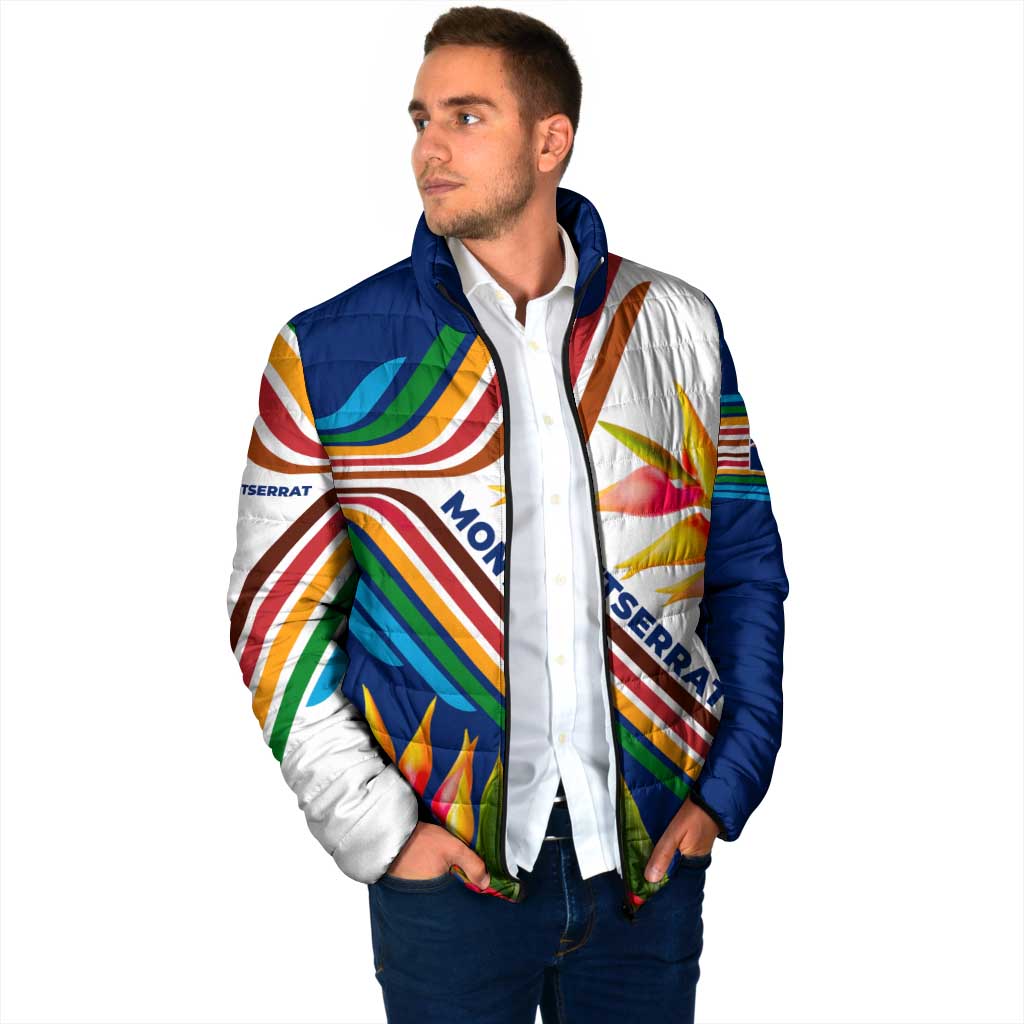 Montserrat Padded Jacket with Heliconia Flower Illustration Colorful Retro Stripe Design - Wonder Print Shop