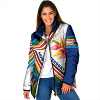 Montserrat Padded Jacket with Heliconia Flower Illustration Colorful Retro Stripe Design - Wonder Print Shop