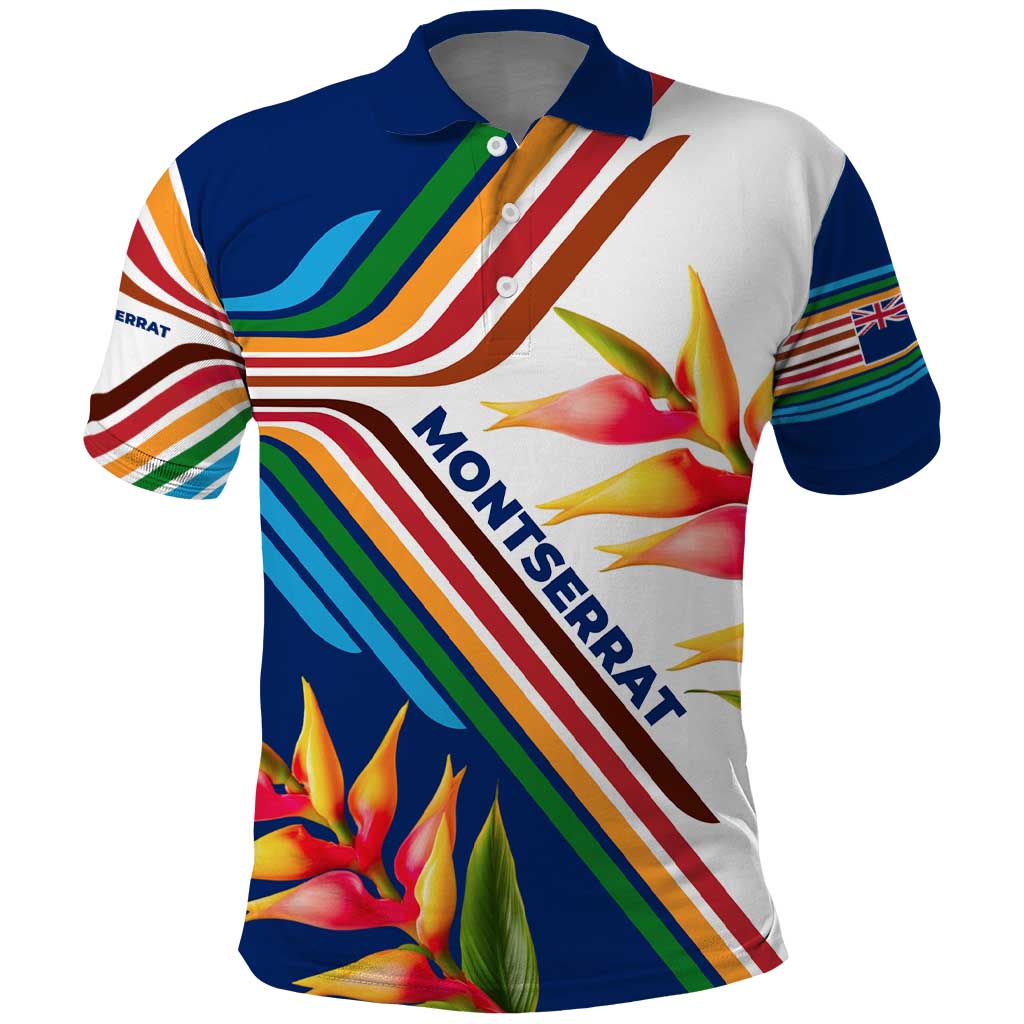 Montserrat Polo Shirt with Heliconia Flower Illustration Colorful Retro Stripe Design - Wonder Print Shop
