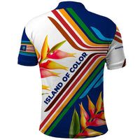 Montserrat Polo Shirt with Heliconia Flower Illustration Colorful Retro Stripe Design - Wonder Print Shop